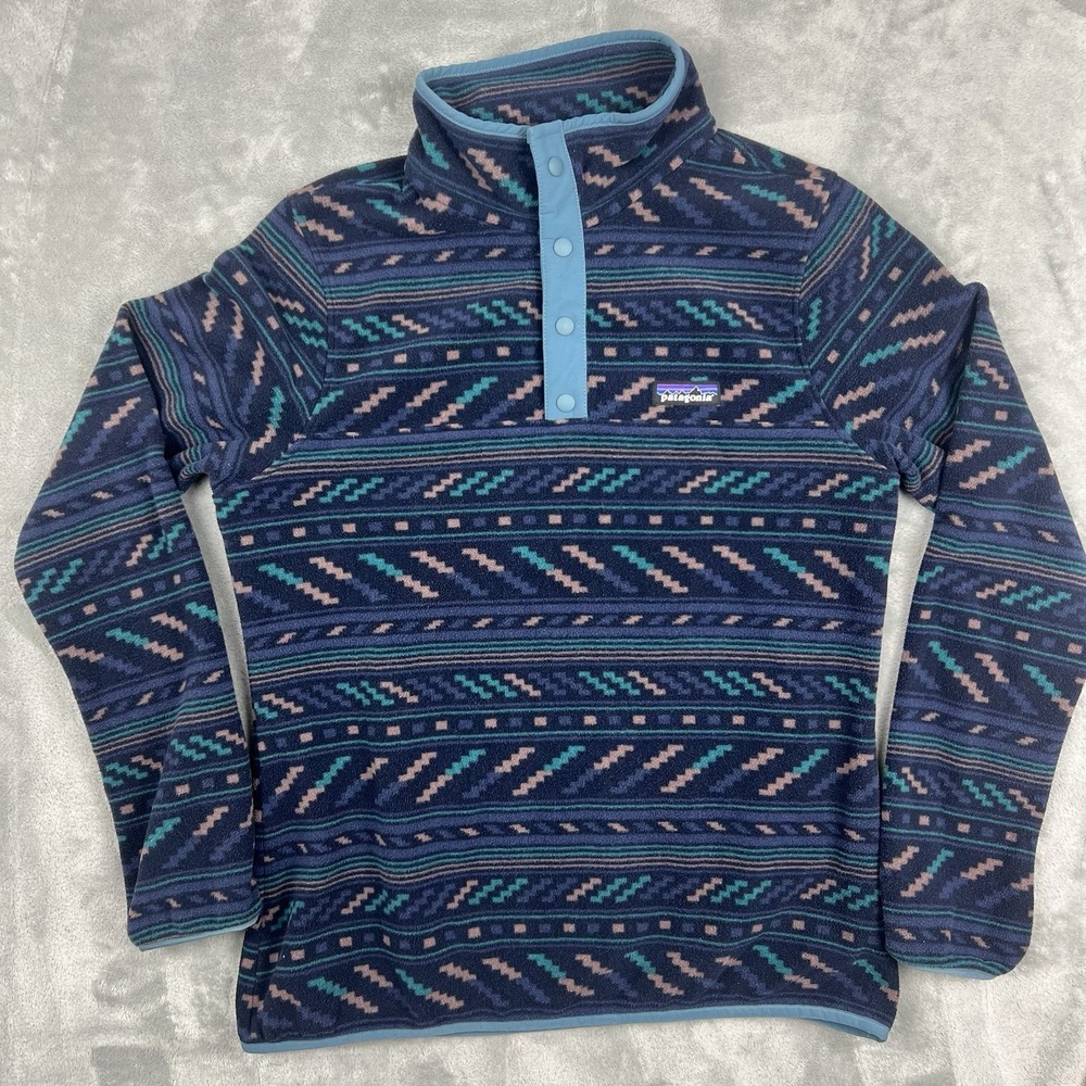 Patagonia Fleece Micro D Snap-T Pullover Geometric Women's Medium Hiking Blue - Picture 2 of 8